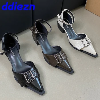 Модна катарама жени 4 см токчета помпи обувки плитки нови 2024 женски заострени пръсти обувки глезена каишка дами средни токчета обувки