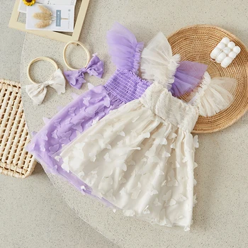 Suefunskry малко дете бебе момиче принцеса рокля къс ръкав 3D пеперуда тюл парти рокля на разстояние рамо рокля и лента за глава 2бр комплект