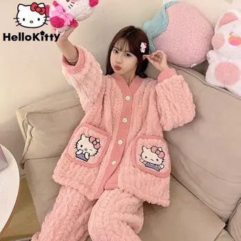 Sanrio Hello Kitty плюшена розова жилетка бутон върховете панталони 2 парче комплект жени зимни фланела пижама костюм Y2k Kawaii дома дрехи