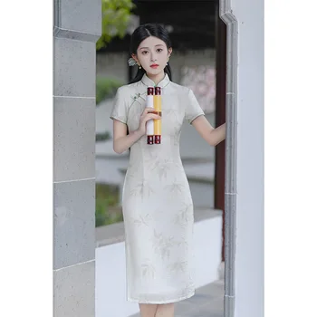 Лято Подобрен къс ръкав Cheongsam ретро китайски вечерно парти Qipao бутон рокля за жени