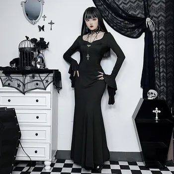 Жените черен венчелистче ръкав елегантен тънък модифициран висока талия Cheongsam глезена стегнат рибешка опашка рокля Хелоуин Copslay вещица костюм