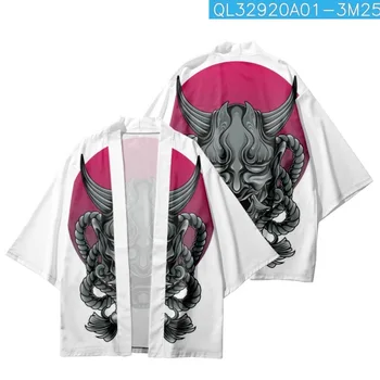 Лято Япония Бяло кимоно плажни шорти Традиционен анимационен демон Праджна отпечатана жилетка Юката двойка жени мъже улично облекло