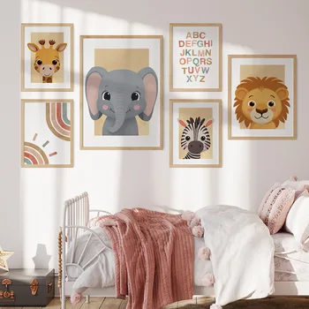 Cartoon Rainbow Elephant Lion Zebra Animal Nursery Letter Bedroom Wall Art Children Paintings Poster Baby Kids Room Decoration