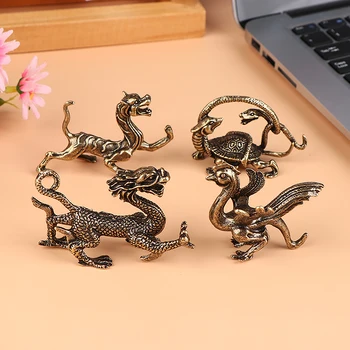 1Pc месинг китайски древен четири митичен звяр миниатюрна фигурка дракон тигър костенурка Фън шуй украшение начало декорация занаят