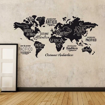 Карта на света с думи стикер за стена от винил Океани и континенти в испанския дом декор стена ваденки DIY къща декор за хол