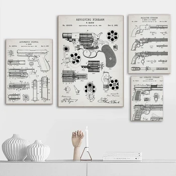 Диаграмата на композицията на набор от 6 ретро пистолет патент платно живопис плакат печат пистолет стена изкуство картина пистолет стая декор револвер
