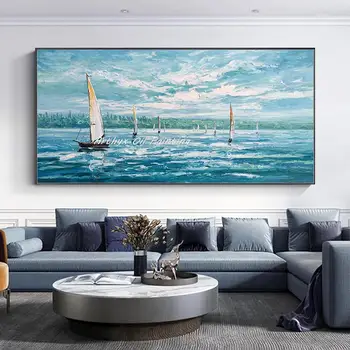  Arthyx, ръчно рисувана дебела текстура абстрактна лодка пейзаж живопис с маслени бои върху платно, стенно изкуство, картина за хол, декорация на дома