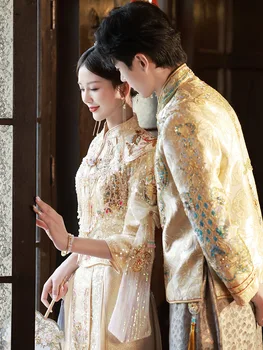 китайски стил булка Феникс бродерия Cheongsam Tang костюм облекло пискюли блестящи пайети мъниста сватбена рокля