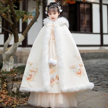 Момичета фея ханфу деца топло Tang костюм деца зимата плюс кадифе бродерия парти рокля с наметало китайски Нова година облекло