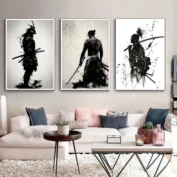 Черно и бяло платно стена изкуство печат картина японски самурай живопис плакати стена дома интериор декор плакат фигура живопис