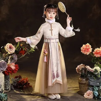 2024 Нова бродерия ханфу наметало деца реколта китайски изпълнява фея рокля рокля момичета бала официален рожден ден коледен подарък косплей