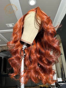 13x6 HD прозрачна дантела предна перука тяло вълна джинджифил кафява дантела фронтална перука червеникав кафяв цвят човешка коса перуки за жени