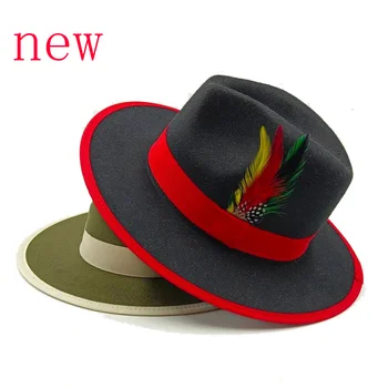 Fedora Унисекс перо лък филц аксесоари Bonded джаз шапка широка периферия Панама шапка джентълмен шапка на едро