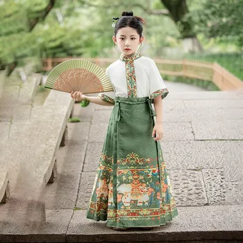 Girls Hanfu Mamian Qun Ming династия тъкане злато кон лицето пола китайски традиционен древен ханфу люлка студентски униформи