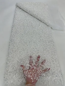 2024 Висококачествени френски нетни мъниста с пайети от африкански тюл Mesh пайети Ръчно изработен формован дантелен плат 5 ярда за сватбени рокли