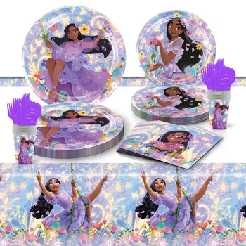 Нов Disney Encanto Изабела Консумативи за рожден ден Еднократна прибори за хранене Чаша Чиния Салфетка Банер Балони торта Topper декорация