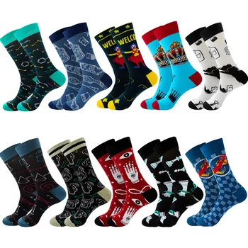 Цветни мъжки чорапи Harajuku колоритен щастлив забавен символ Международен шахмат геометрична формула памук чорап коледен подарък