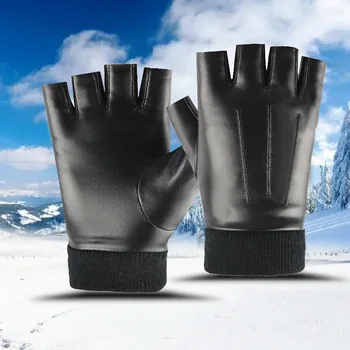 Трансгранични мъжки кожени ръкавици с половин пръст, плюшени за есенно и зимно колоездене, удебелен анти фън шуй сензорен екран, топъл