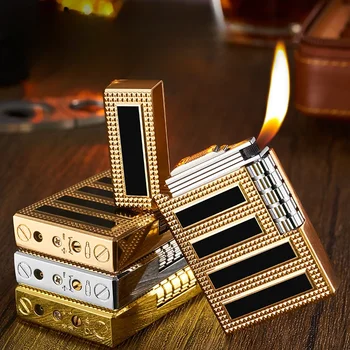 Oblique Fire Refilled Надуваема запалка за тръби Черна раирана метална запалка Джаджи за мъже Аксесоари за пушене Стилен готин подарък