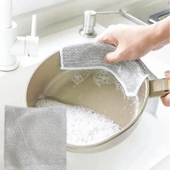 1 PC Сребърна кърпа за почистване Кърпа за чинии за многократна употреба Незалепващо масло кърпа Pot Силно отстраняване на ръжда Замяна на стоманени телени топки Rag
