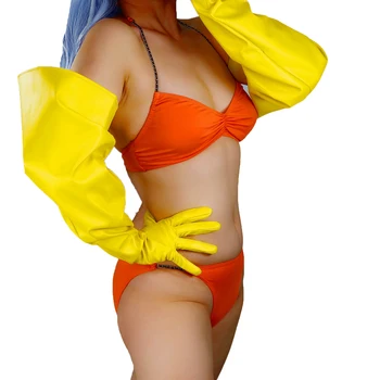 DooWay Големи буфан ръкави Дълги кожени ръкавици Faux PU 70cm банан ярко жълто хлабав Хелоуин костюм Вечерен моден клуб ръкавица