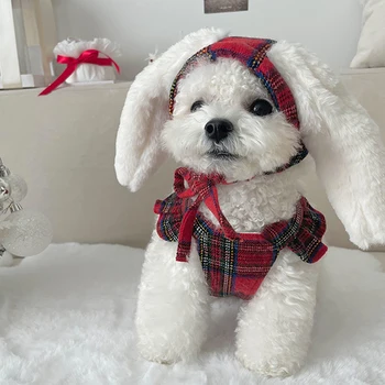Pet Коледа облекло карирана печат резервоар рокля заек ухо шапка кученце куче дрехи Нова година парти косплей костюм