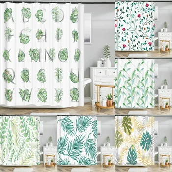 Тропическо зелено растение душ завеса листа отпечатани миещи се баня завеса водоустойчив полиестерен плат баня завеса с куки