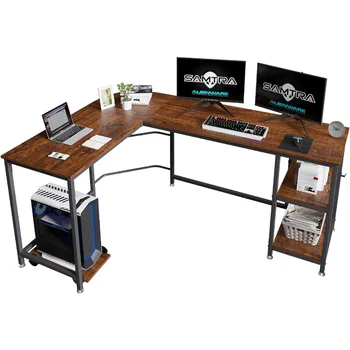 L оформено бюро с рафтове за съхранение на компютърно обучение за писане на работна станция за домашен офис, еспресо