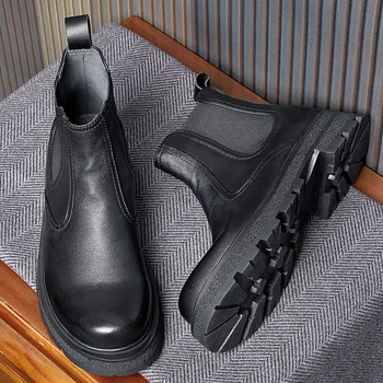 Модна платформа Мъжки ботуши Slip на луксозни ръчно изработени естествена кожа качество британски стил дизайнер глезена черни социални обувки мъж