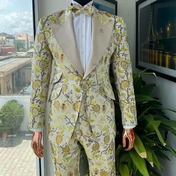 Флорални костюми за мъже Slim Fit 2 бр. Жакард сватба младоженец смокинг обичай мъжки моден костюм 2024 (яке + панталони)
