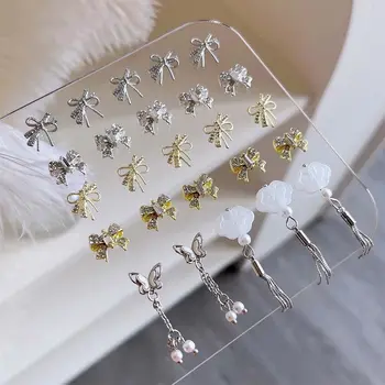Сладки момичета лък нокти декорации светлина луксозен сребърен златен цвят пеперуда нокти кристали японски стил маникюр орнаменти