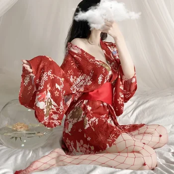 японски кимоно униформа косплей секси бельо облекло сатен лък талията колан с роба изкушение костюми пижама комплект за жени