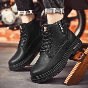 Д-р.  Мъжки обувки зимата High-Top британски стил черни кожени обувки спортни мъже американски реколта кожени ботуши