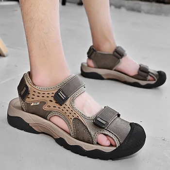 Външни естествена кожа Мъжки сандали Висококачествени летни нехлъзгащи се плажни обувки Маратонки Мъже Ходене Алпинизъм Обувки за пътуване