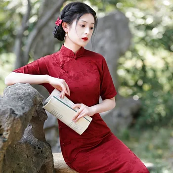 Yourqipao Ретро Бургундия Китайски традиционен Cheongsam 2024 пролет нов стил стар Шанхай дълго Qipao вечерни рокли ханфу пола