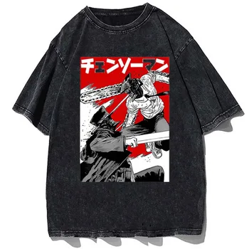 Chainsaw Man Washed T-shirt Cartoon T Shirt with Print Streetwear Women Tshirt Fashion Hip Hop Aesthetic Clothing Black Tees Top