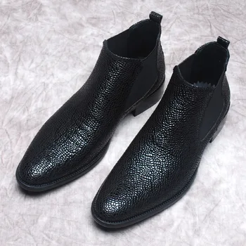 Мода змия модел мъжки естествена кожа глезена ботуши приплъзване на черен остър мъжки рокля ботуши официална марка Челси ботуши мъжки обувки