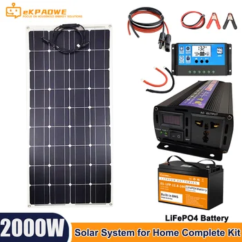 Solar Plate 1000w Пълен комплект 12V слънчево зарядно устройство Генератор на домашна система Слънчев панел 200w с 30A контролер 2000w инвертор