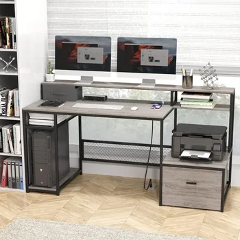 66 инчов голям компютър бюро, с електрически контакт и USB порт за зареждане, компютърна маса с чекмеджета и рафтове за съхранение