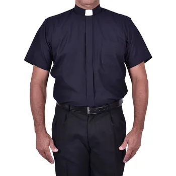 Мъжка риза за духовенство с къс ръкав черни върхове Римски раздел яка пастор духовник проповедник министър свещеник костюм чиновнически облекло