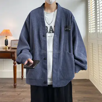 2023 китайски стил подобрен моден пуловер палто мъжки нов ретро марка случайни v-образно деколте пуловер голям джоб дизайн хлабав палто w47