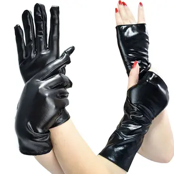 Къси пръсти без пръсти Черни лачени кожени ръкавици Хелоуин Облечи Punk Cos хип-хоп танц кожа Лолита ръкавици