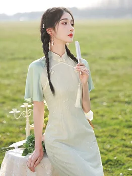 2023 Тънка лятна къса рокля мека зелена реколта Cheongsam жени бродерия традиционни рокли освежаваща мода Qipao
