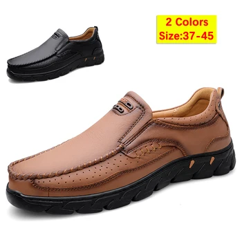 Размер 37-45 Мъжки официални кръгли пръсти естествена кожа обувки баща свободно време приплъзване работни обувки меки бизнес кожени обувки