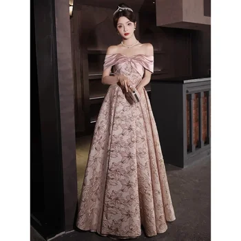 Off-Shoulder Bow вечерна рокля за жени Розови печатни леки луксозни малцинствени банкетни рокли L0838