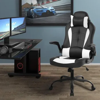  офис стол, висок работен стол с облегалка, административен PU кожен въртящ се компютърен стол с опора за кръста и облегалка за глава, бял