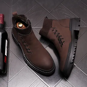 Италианска марка дизайнер мъжки свободно време каубойски ботуши естествена кожа платформа обувки черна пролет есента глезена aoot кратко botas мъжки