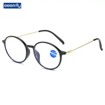 Seemfly кръгла рамка очила за четене анти-синя светлина стъклария ясно пресбиопия очила метални храмове със степен 0 + 1 + 1.5 до +4
