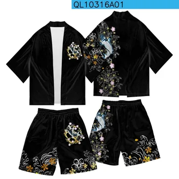 Мода цвете риба печат Harajuku кимоно шорти комплекти две части костюм Yukata японски традиционна жилетка жени мъже Haori