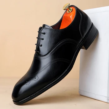 High End марка мъжки обувки Brogue офис бизнес обувки без хлъзгане удобни мъжки кожени официални обувки кафяв Безплатна доставка